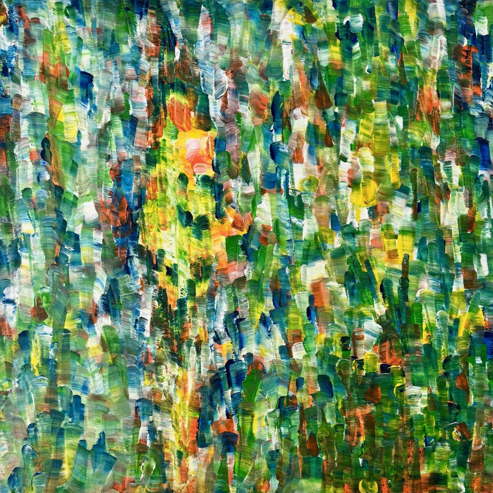 Forest Breath, abstract acrylic painting of vertical strokes of green and gold, 30 x 30 in