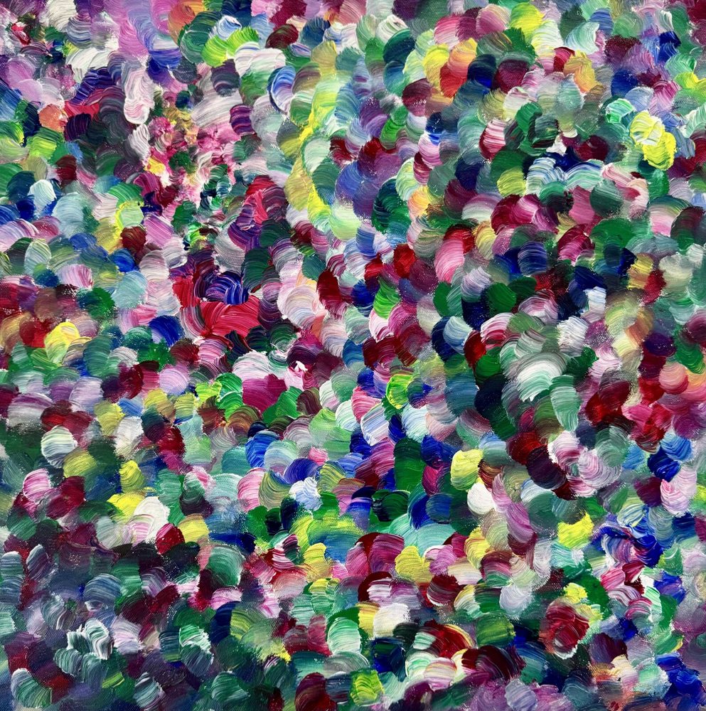 Abstract acrylic painting, dense saturated mosaic of magenta, violet, and green on a square canvas.