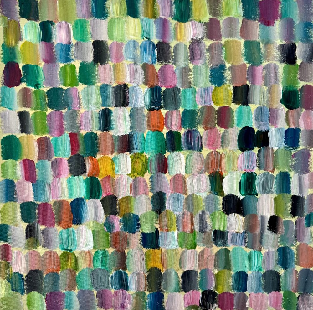 Abstract acrylic painting, small rounded marks in green, ochre, and pearl across a square canvas.