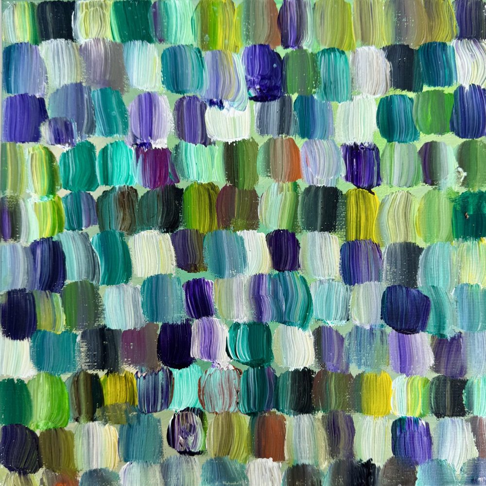 Abstract acrylic painting, orderly grid of teal, green, and cream dabs on a small square canvas.
