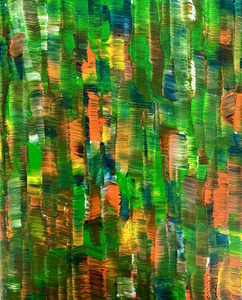 Abstract acrylic painting, small study in green and burnt orange with loose brushwork.