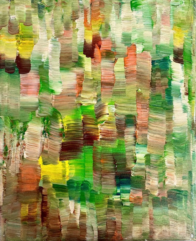Abstract acrylic painting, warm greens and golds building toward a brighter passage, small canvas.